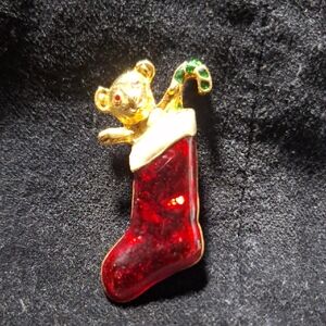 Festive Red Stocking Brooch with Bear and Candy Cane
